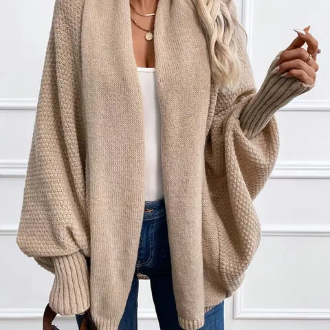 Women's Casual Knitwear Knit Sweater Coat, Winter Open Front Cardigan, Long Sleeve Drop Shoulder Design, Warm Fashion Outerwear for Ladies