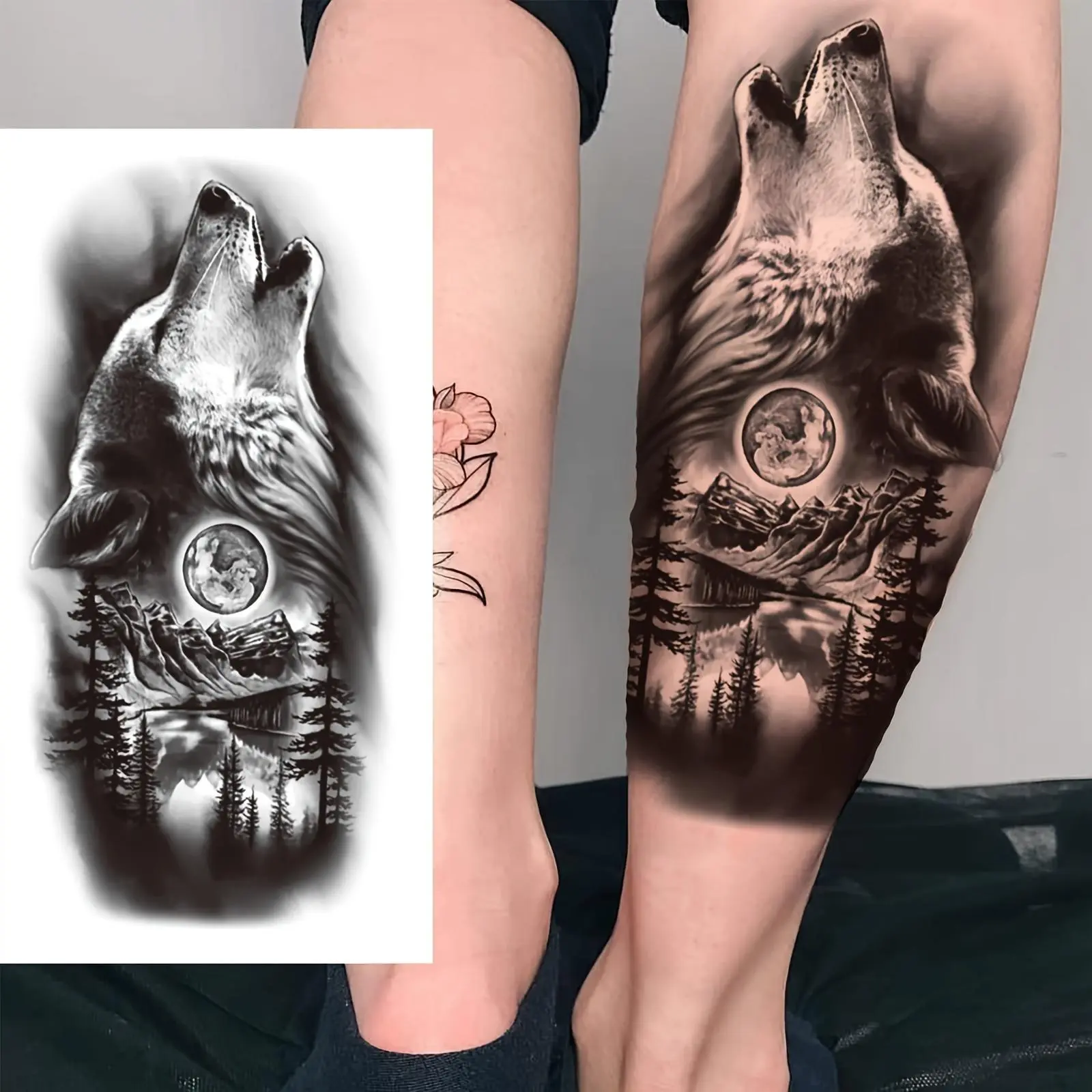 （6 temporary tattoo stickers, including 2 item and 4 random designs）Black Wolf Mountain Forest Women Temporary Tattoo Men Adult Arm Thigh Forearm Waterproof Long-Lasting Realistic Fake Tattoo Sticker fake tattoos temporary tattoos tattoo tiktokshopspringg