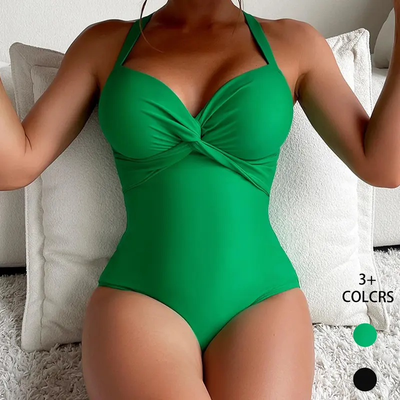 Women's Plain Criss Cross Ruched Twist One-piece Swimsuit, Boho Sleeveless Beach Fashion Swimsuit Beachwear for Beach Holiday Vacation, Ladies Swimsuit for All Seasons, Tummy Control Swimsuits, Stretchy Swimwear, Fashionable Swimsuit, Summer Swimwear