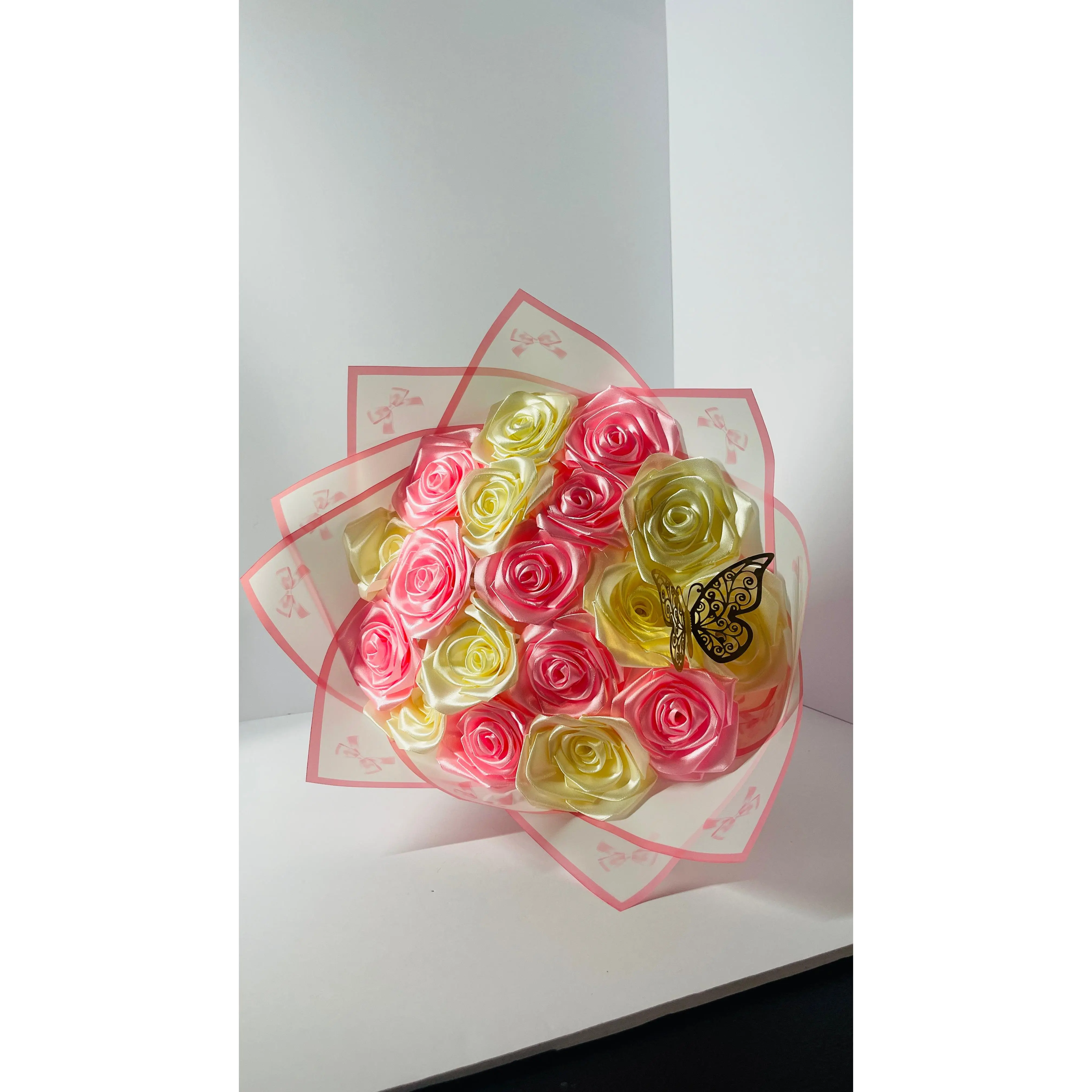 Handmade Satin Rose Bouquet with Decorative Butterfly - The Eternal Gift