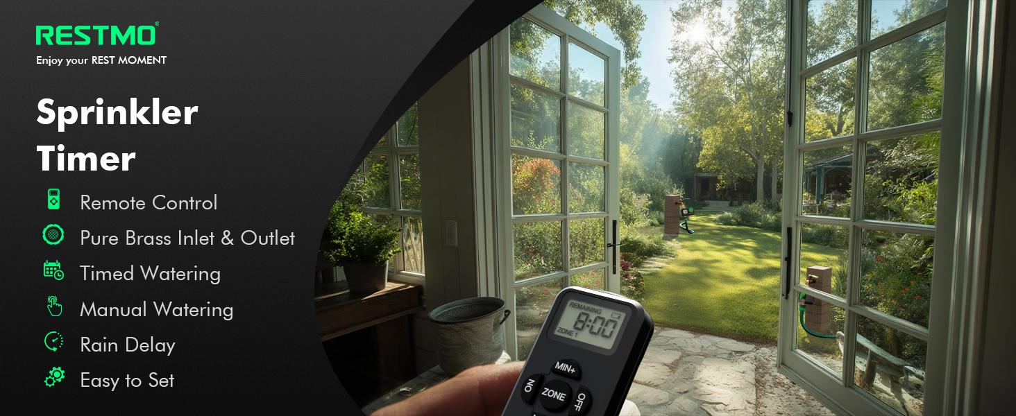 RESTMO RF Remote Controlled Sprinkler Timer with Brass Inlet & Outlet, Programmable Water Timer for Garden Hose, Automatic | Manual | Rain Delay for Outdoor Faucet, Drip Irrigation and Lawn Watering