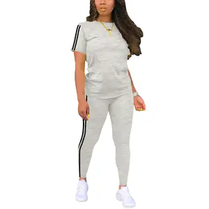 Women's 2-Piece Fitted Knitting Polyester Side Striped Set - Round Neck Short Sleeve Tee & Matching Trousers, Casual Lady Summer Sporty Jersey Clothes,summervibes