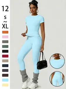 Women's Sportswear Set, Workout Gym Clothing, Training Clothes, Slim-Fit Round Neck Short Sleeves & High-Waisted Yoga Pants, Ideal for Gym Running Outdoor Activities