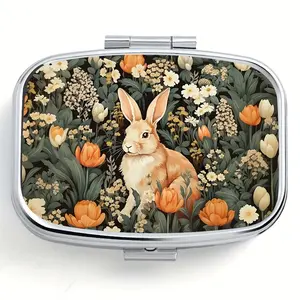 Winter Bunny Print Portable Pill Organizer, 2 Compartment Travel & Outdoor Medicine Box, Multi-Functional Metal Vitamins & Jewelry Case, Moisture-Proof Unique Gift Idea