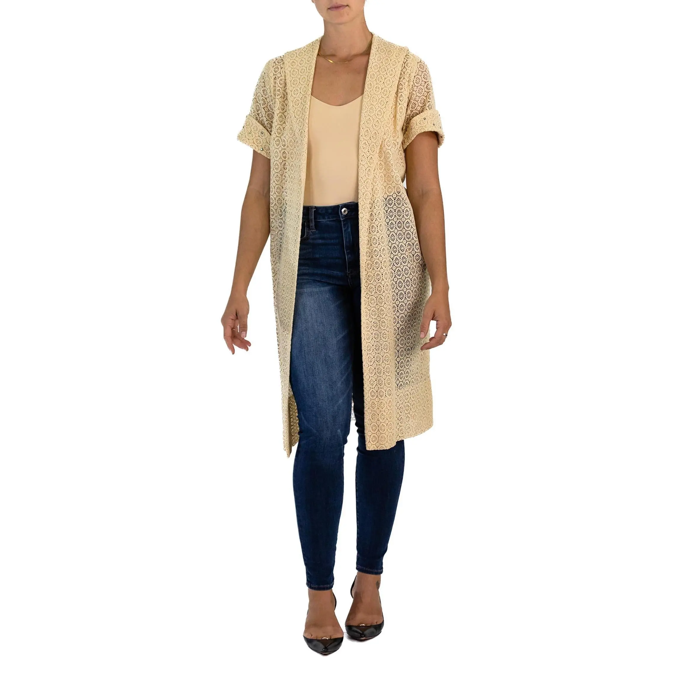 1950S Cream Cotton Lace Duster Swing Coat With Crystals