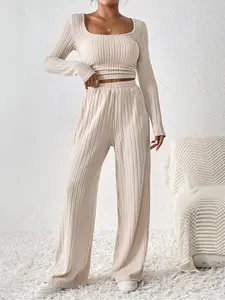 Women's Two-Piece Set, Knit Fashion Pants with Elastic Waistband, Matching Fitted Crop Top with Subtle Tummy-Control Design for a Sleek Silhouette, Stylish Long Trousers for Casual Wear Spring Outfit