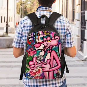 1pc Lightweight Large Capacity Backpack - Pink Panther Graphic Bag with Graffiti, Adjustable Shoulder Straps, Zipper Closure - School, Travel, Halloween Backpack for Men, Women, Teens, Misc