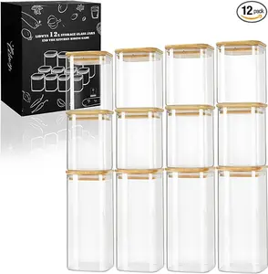 LIBWYS Square Pantry Glass Storage Jars with Bamboo Lids Set of 12, 297oz Airtight Food Containers Kitchen Storage Jars - Dishwasher Safe (12pack)