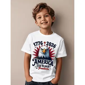 Kids Independence Day 250 Year Eagle Flag Print Casual Cotton TShirt with Crew Neck Medium Stretch Knit Fabric Regular Fit for Boys and Girls