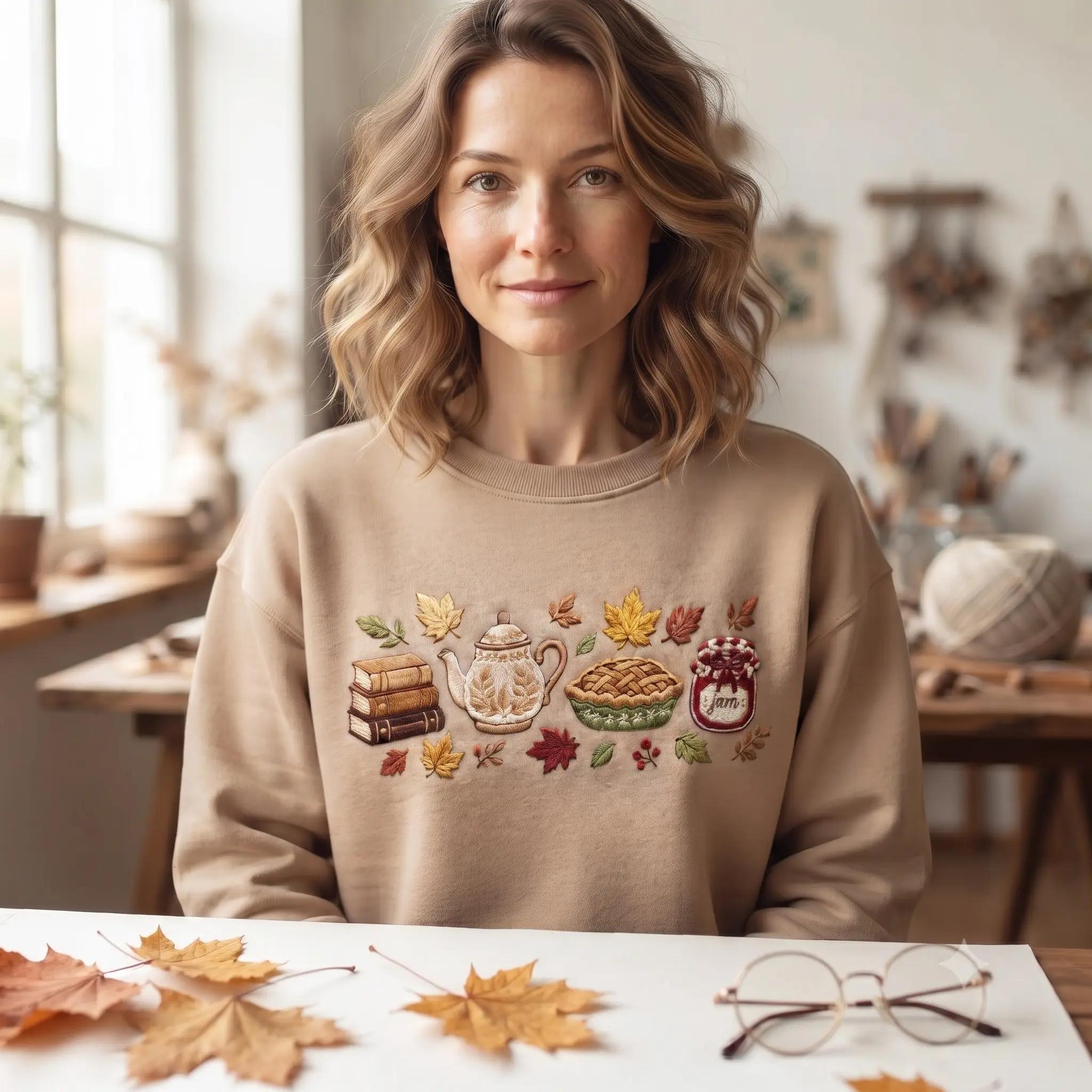 Autumn Book Lover Embroidered Sweatshirt, Cozy Fall Teapot Pullover, Thanksgiving Pie Sweater, Cottagecore Jam Top