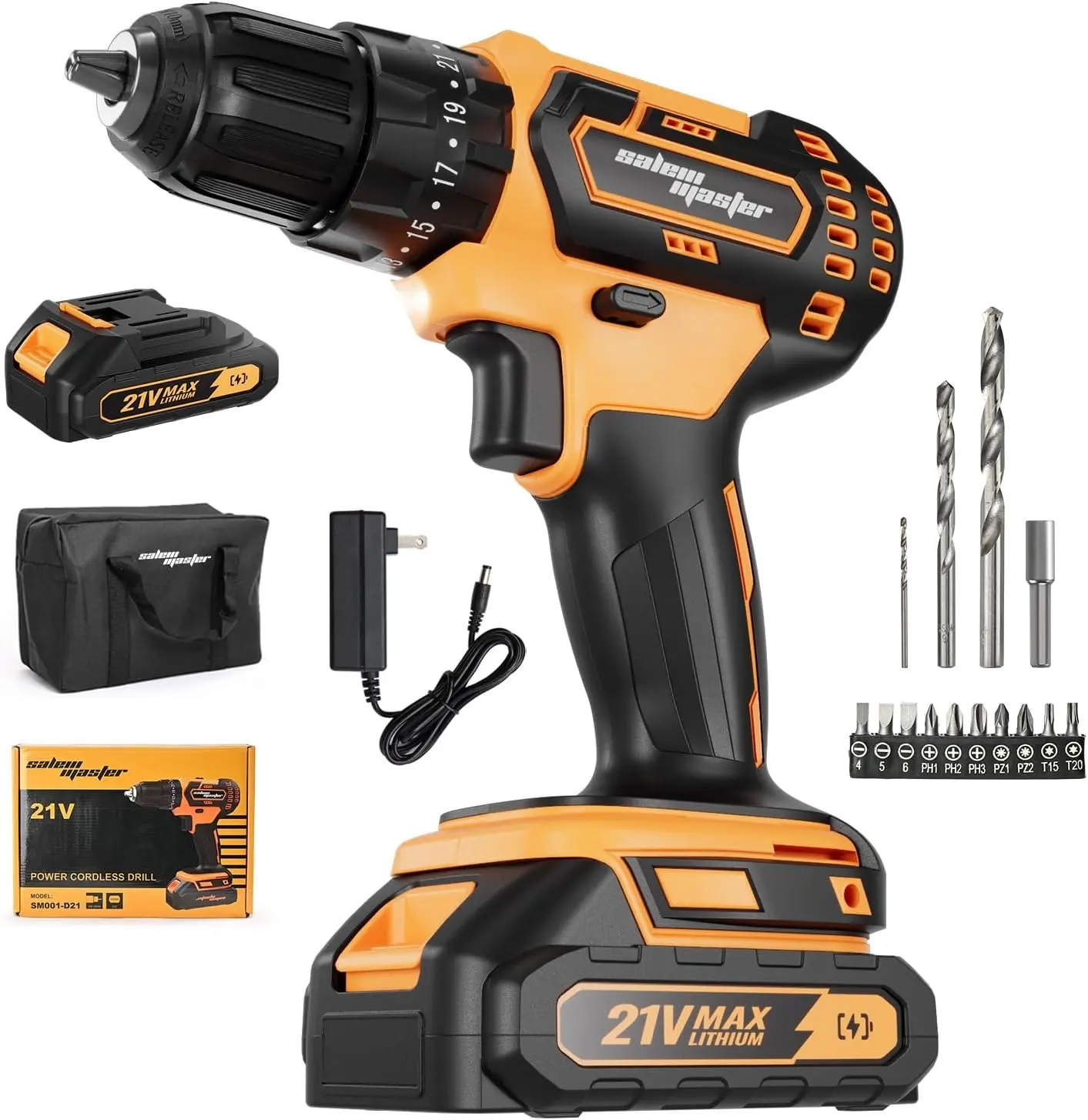 21V Cordless Drill Kit with Battery, Charger, Drill Bits and Driver Bits, Variable Speed Electric Drill for Home Repairs and DIY