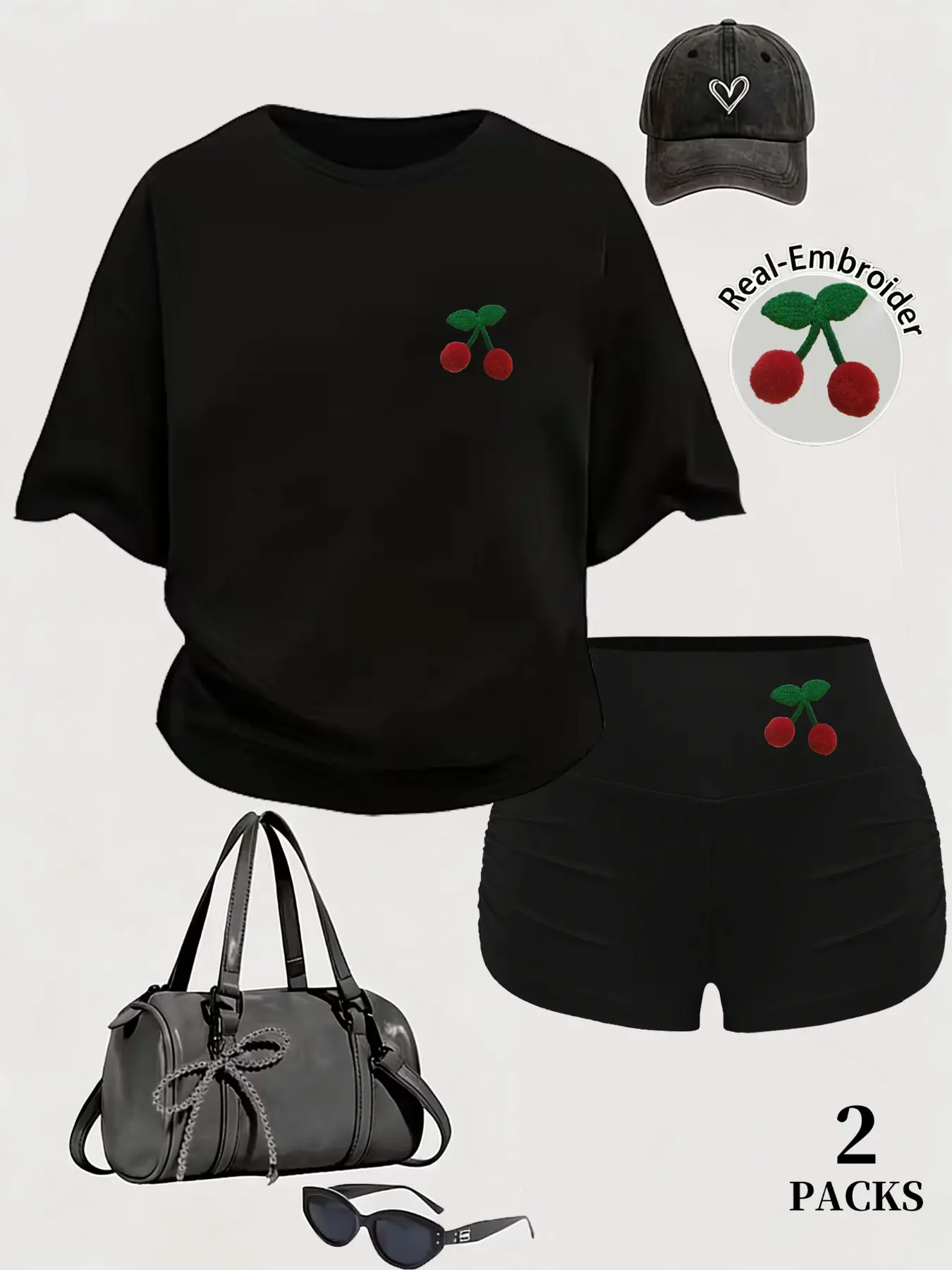 Women's Embroidered Cherry Decor Casual T-Shirt Set, Summer New Daily Wear Sport Leisure Gym Short Sleeve + Shorts, Lightweight Comfortable