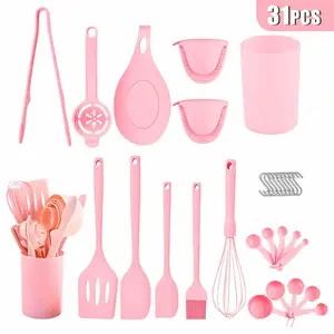 Chef Kitchen Cooking Utensils Set, 31 pcsNon-Stick Silicone Cooking kitchen UtensilsSpatula Set with Holder, Wooden HandleSilicone Kitchen Gadgets Utensil Set, NonstickSpatula Cookware Sturdy