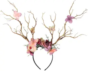 Antler Flower Crown Headbands Halloween Chritmas Long Antler Flower Branches Headband Props Horns Headpieces Hair Band Photo Shoot Forest Goddess Headdress Headwear, Light Brown