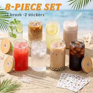 Cute drink glass sets with lids and straws, multiple specifications to choose from. Comes with cleaning tools and stickers, ideal for various cold beverages.