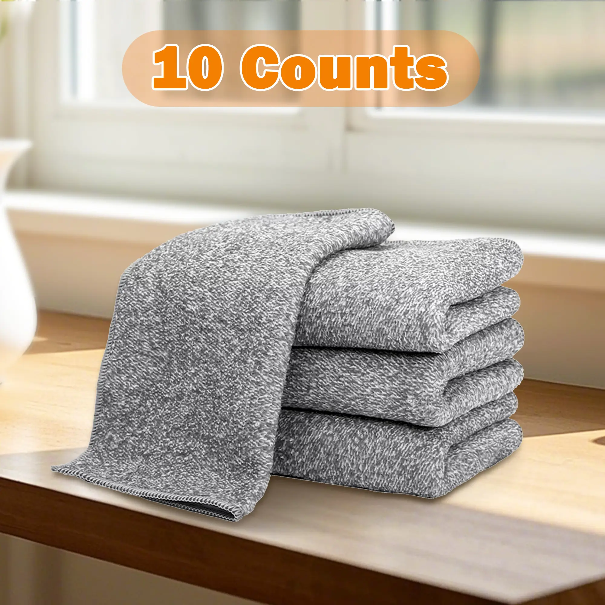 10-Count Durable Sustainable Bamboo Charcoal Microfiber Cleaning Towels (11.8"x11.8") - Household Home Care Supplies with Reinforced Edges, All-Purpose Streak-Free, Fast-Absorbing, Water-Absorbent, Machine-Wash, Wipe Clean for Kitchen Grease Removal