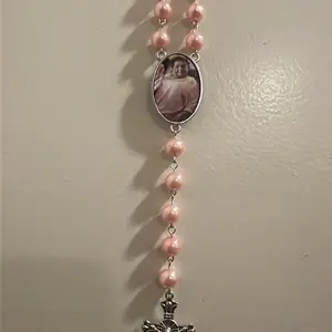 Personalized Rosary with Pink and White Beads and Crucifix