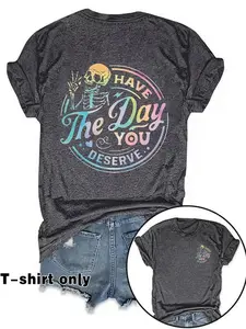 Women's Skeleton & Letter Print Round Neck Tee, Fashion Casual Crew Neck T-Shirt for Daily Holiday Vacation Outdoor Wear, Ladies Clothes for Spring