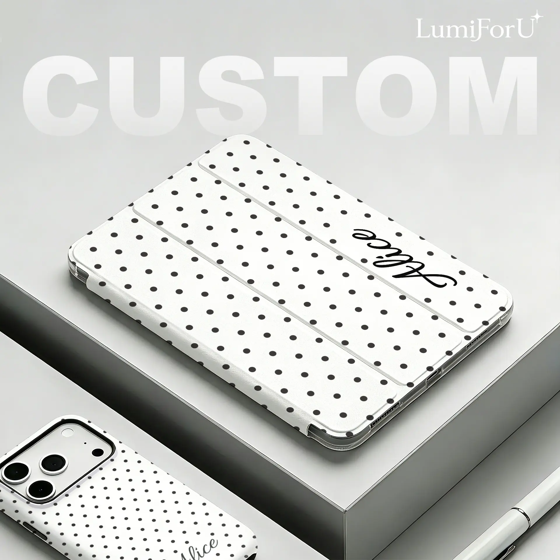 LumiForU Personalized Custom DIY Name Computer Tablet Case - White Background Black Polka Dots Printed PU Leather Flip Case, TPU Soft Shell, 3-Fold Stand, Pencil Slot, Shockproof, Auto Wake/Sleep for 9th/10th/11th Gen, Air 11/10.9, Pro 12.9/11, Mini 8.3,