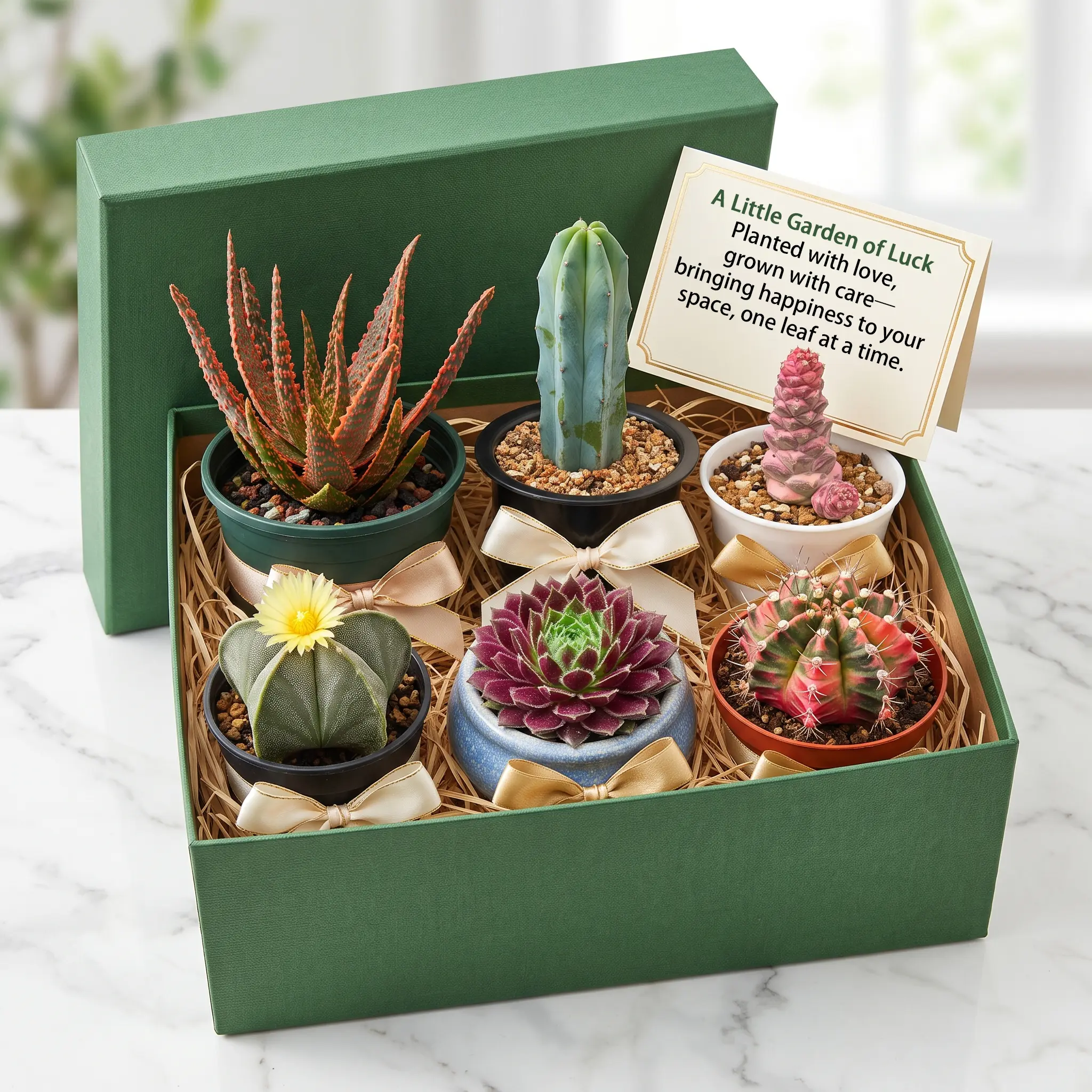 "Lucky Garden" Series – A colorful mix of mini succulents and cacti; charming indoor garden decor and an easy-care plant gift for enthusiasts (gift box not included).
