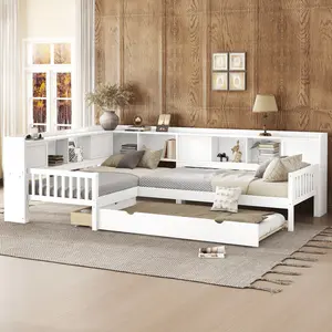 [Bellemave]L-shaped Platform Bed Twin Size with Trundle, Solid Wood Platform Bed with Storage Drawers and Shelves, No Spring Box Needed, White