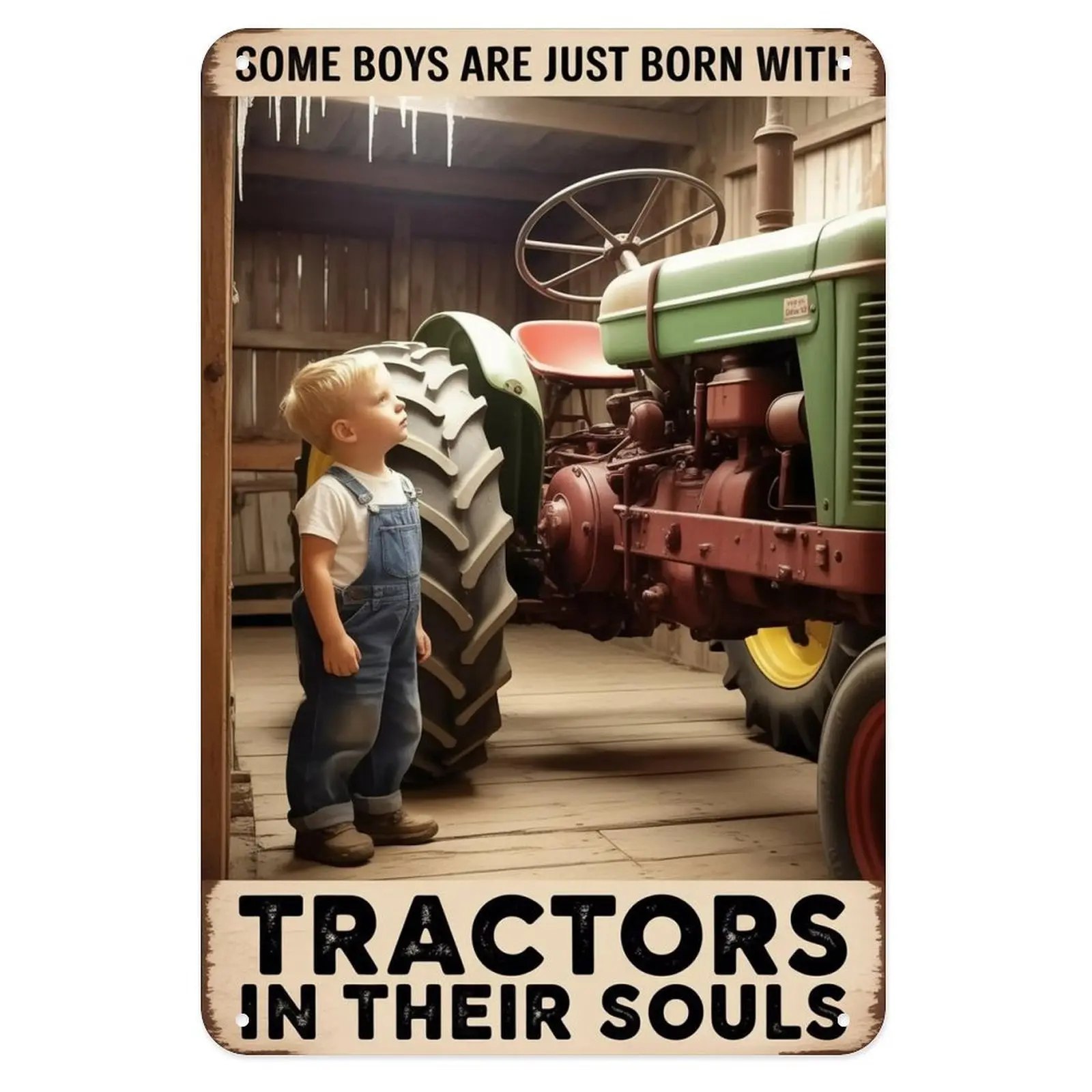 Boy Tractor Tin Sign, Vintage Farm Art Metal Sign Print Aesthetic Room Decoration for Home Bedroom Kitchen Bar Coffee Bathroom Indoor Outdoor Wall Decor, 8 X 12 in