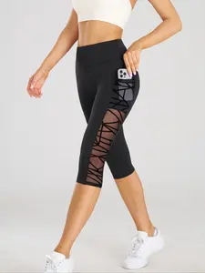 Women's Patchwork Mesh Yoga Pants, High Waist Tummy Control Butt Lift, Half Transparent Pockets, Outdoors  and Indoors