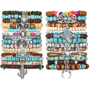 28 count Western Bracelets for Women Stackable, Stretch Charm Bohemian Bracelet Stacks,  Turquoise Bead Bracelet Western