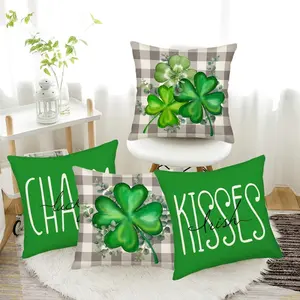 4pcs Polyester St. Patrick's Day Pillowcases, 16x16, 18x18, 20x20- Modern Irish Green Four-Leaf Clover and Three-Leaf Clover Design, Gray Buffalo Plaid, Zipper Closure, Machine Washable, Suitable for Various Room Types Pillowcases, Pillow, Pillow Covers f