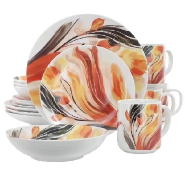 Elama Tulip Fields Round Porcelain Dinner Set - 16-Piece Casual Porcelain Tableware Set with Dinner Plates, Salad Plates, Bowls, Mugs (ELM-TULIP-FIELDS), Casual Dinner Sets, Porcelain Dinner Sets