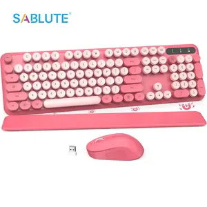 Wireless Keyboard and Mouse Combo - Round Keycaps, Full-Size Retro Typewriter Keyboard with Detachable Wrist Rest, Sleep Mode & Tilt Legs, 2.4GHz Cordless Connection for Mac/Windows/PC (Hot Pink)