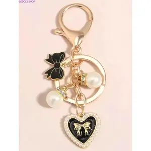 Heart Bow Pearl Keychain for Women – Cute Fashion Bag & Car Charm with Faux Pearl Decor, Trendy Alloy Keyring Accessory for Purse, Backpack, Daily Style & Gift Giving