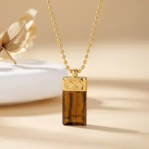 Minimalist 14K Gold-Plated Natural Tiger Eye Crystal Infinity Sign Pendant Necklace Grounding Confidence  Energy Jewelry Beaded Chain Pendant Necklace for Women for Men