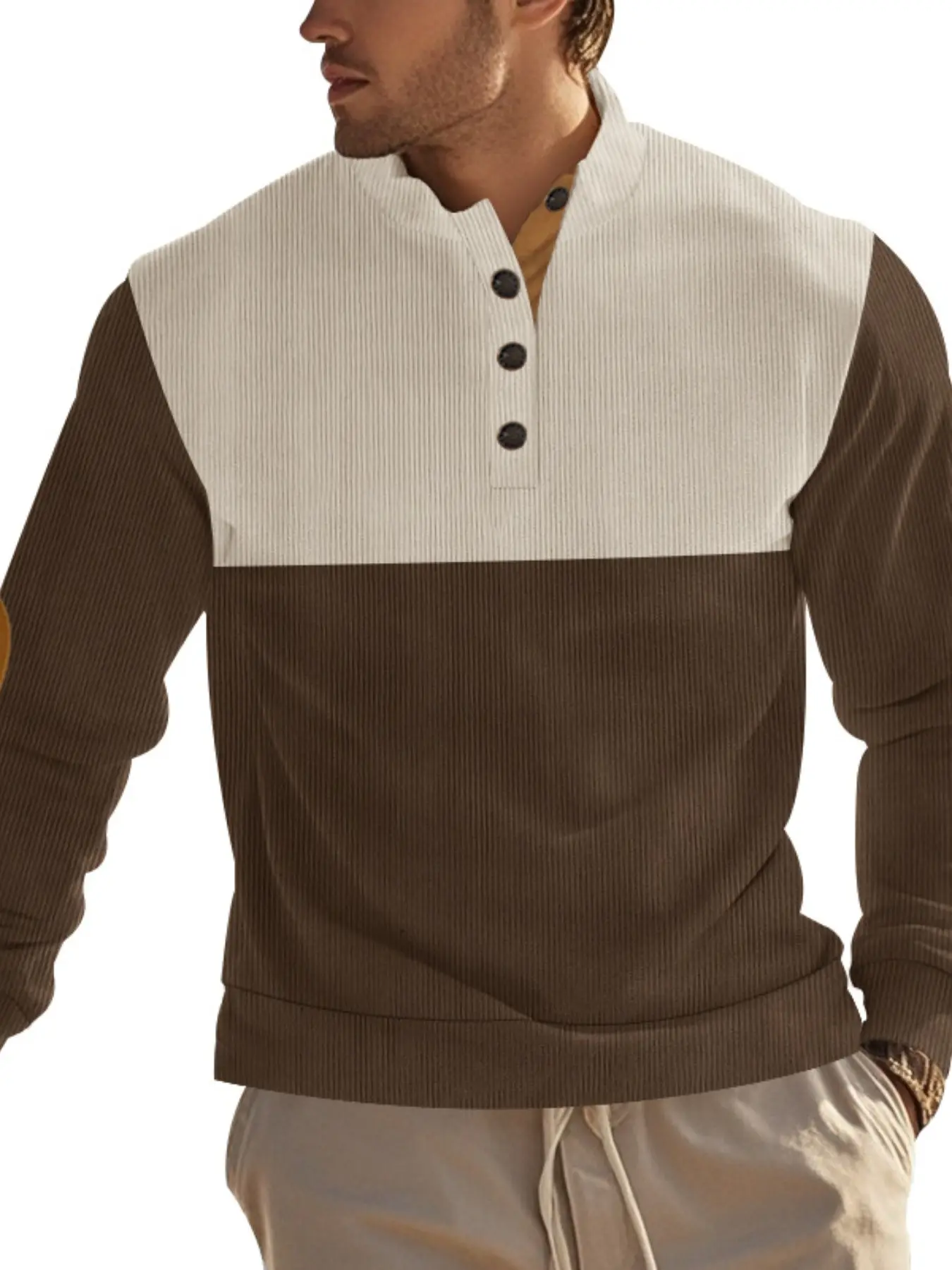 Men's Pullover Sweatshirt, Outdoor Casual Wear, Button Mock Neck Loose Corduroy Patchwork Sports Sweater, Trendy Spring & Fall Fashion