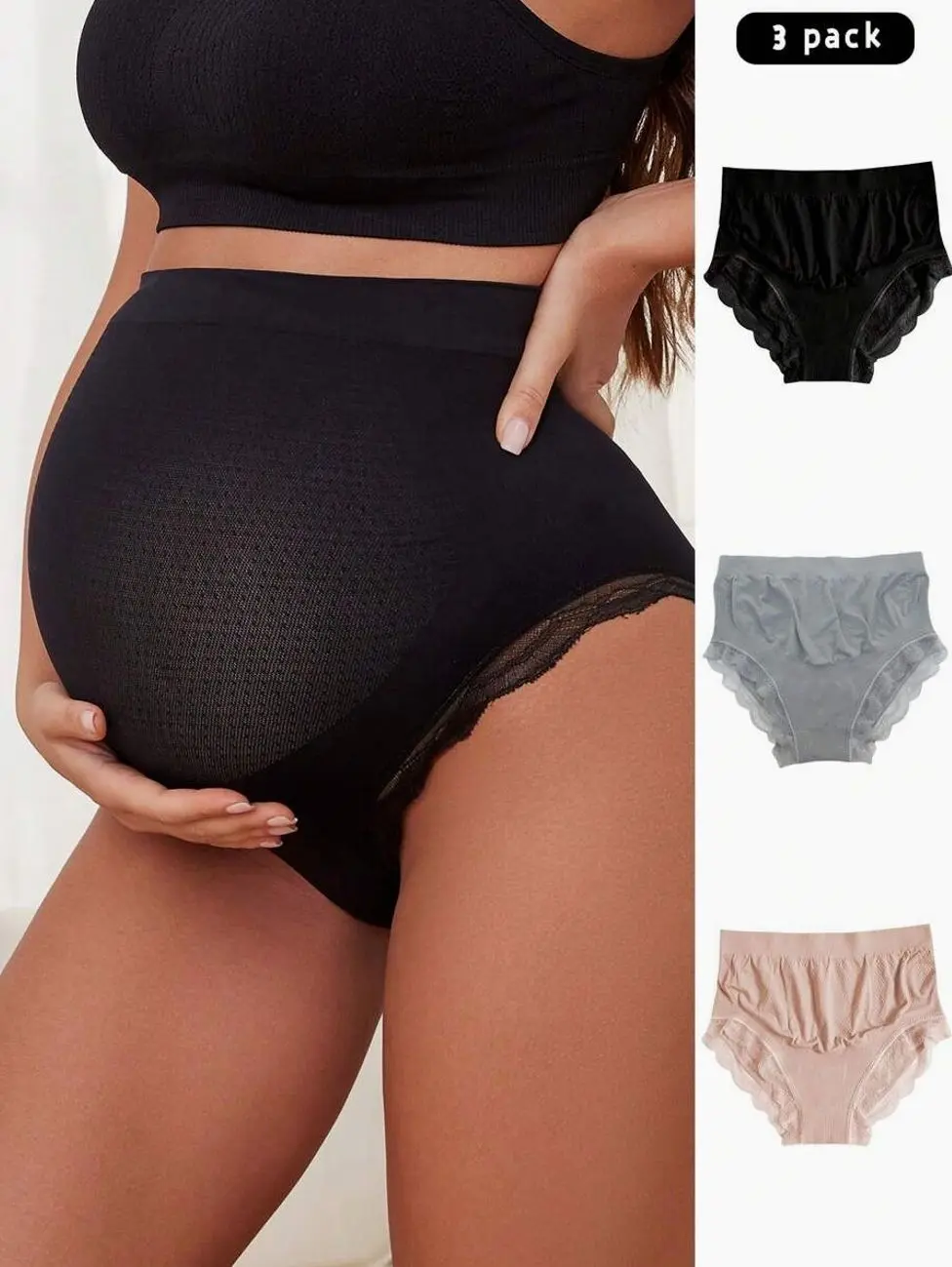 3 Pack Maternity Panties, High-Waist Lace Trim Pregnancy Underwear, Soft Comfortable Support Briefs