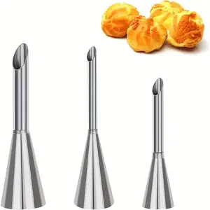 3pcs Puff Pastry Nozzles, Cream Metal Baking Tips, 3 Sizes Frosting Nozzles, Cupcake Decoration Tools, Kitchen Accessories