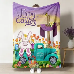 Happy Easter Bunny Truck Pattern Flannel Blanket, 1 Count Soft Warm Throw Blanket, Air-conditioned Room Blanket, Warm Nap Blanket for Home Office Travel