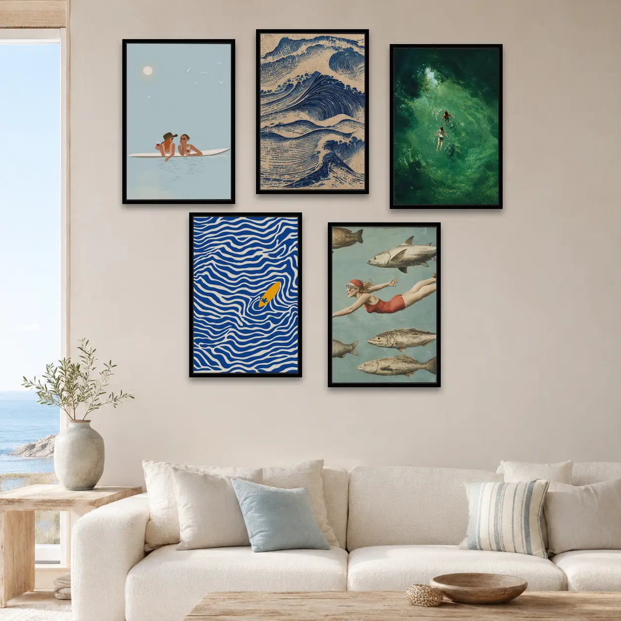 Framed Japanese Style Ocean Wave Wall Art Coastal Wall Decor Picture Minimalist Woodblock Print Navy Blue and Cream Abstract Seascape Artwork for Living Room Bathroom Bedroom 16xi24n