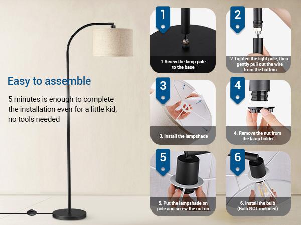 DEWENWILS Arched Floor Lamps with Adjustable Beige Line Lampshade, Standing Tall Arc Lamp for Living Room, Bedroom, Office, Simple Design Farmhouse Style (Black)-HLFL04E