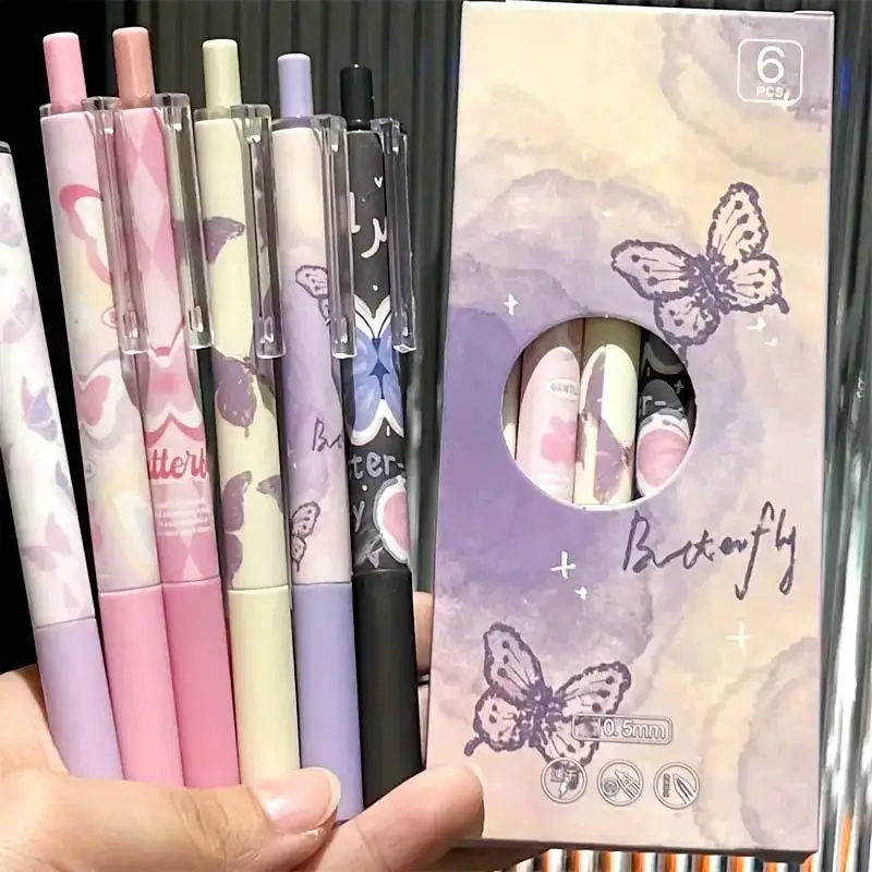 Butterfly Pattern Gel Pen (6 Counts/box), 0.5mm Quick Dry Black Ink Pen, Smooth Writing Pen, Stationery Supplies for Home School Office