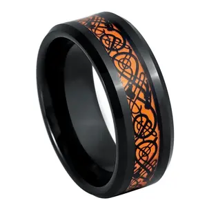 Black Tungsten Wedding Ring Celtic Knot Ring Mens Wedding Band 8mm Orange Resin Engagement Ring Tungsten Carbide Man Celtic Knot Design Ring