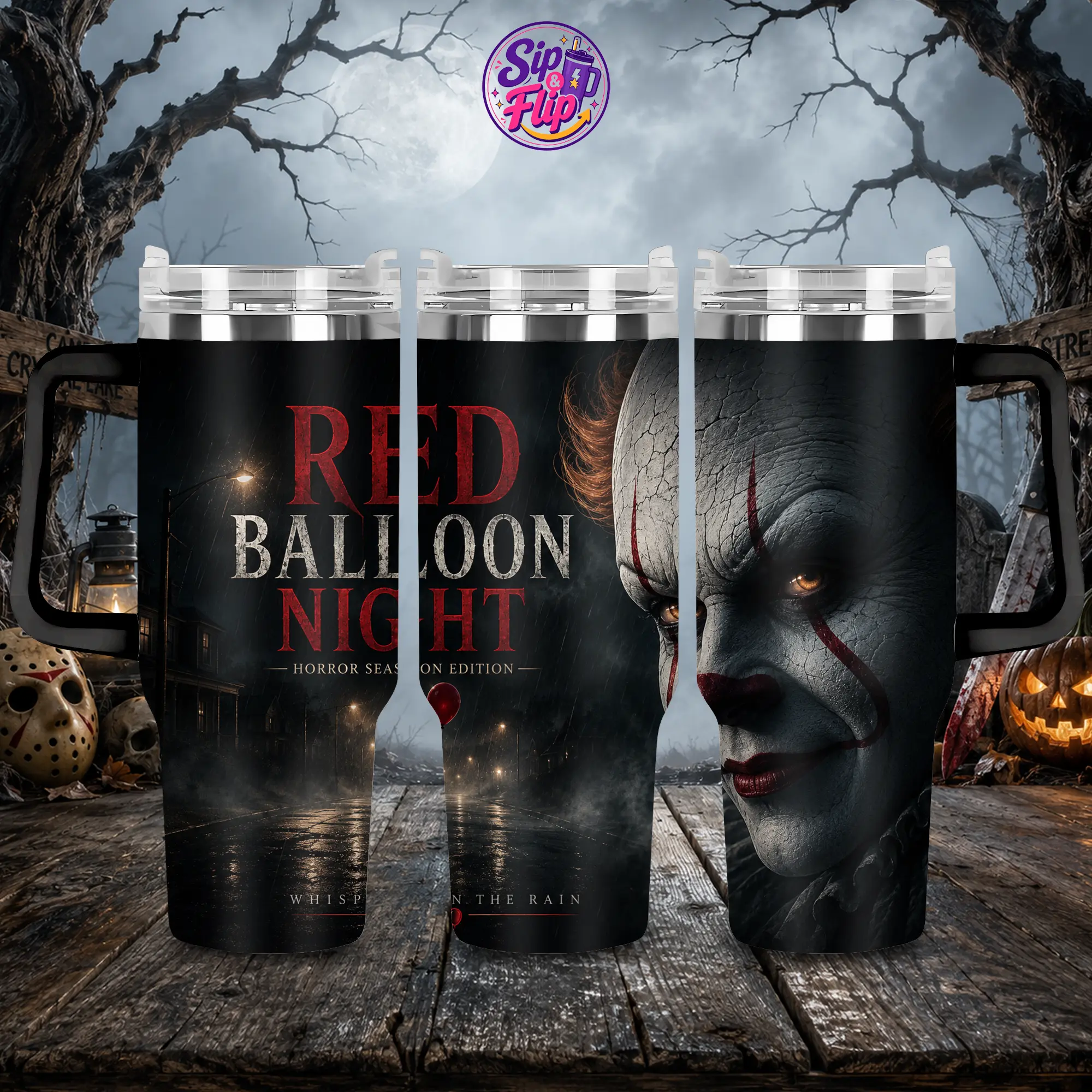 IT Pennywise 40oz Tumbler with Handle and Straw, Classic Horror Movie Cup, Stephen King Dancing Clown Insulated Stainless Steel Travel Mug, Halloween Scary Movie Fan Gift, Creepy Gothic Drinkware