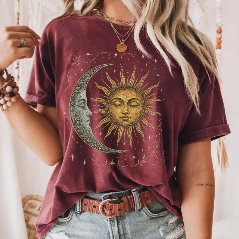 Comfort Colors Boho Celestial Moon and Radiant Sun Spiritual Pattern T-Shirt, Mystical TShirt, Artsy Tee, Aesthetic T-Shirt, Spiritual Boho tee