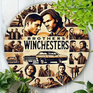 1PC 2D Plane Supernatural Winchester Brothers 8x8inch Round Metal Sign, Iron Wall Art for Home and Office Decoration, Creative Desktop Decoration, Suitable for Living Room, Bar, Coffee Shop, Indoor and Outdoor Durable Material, Ideal Gift