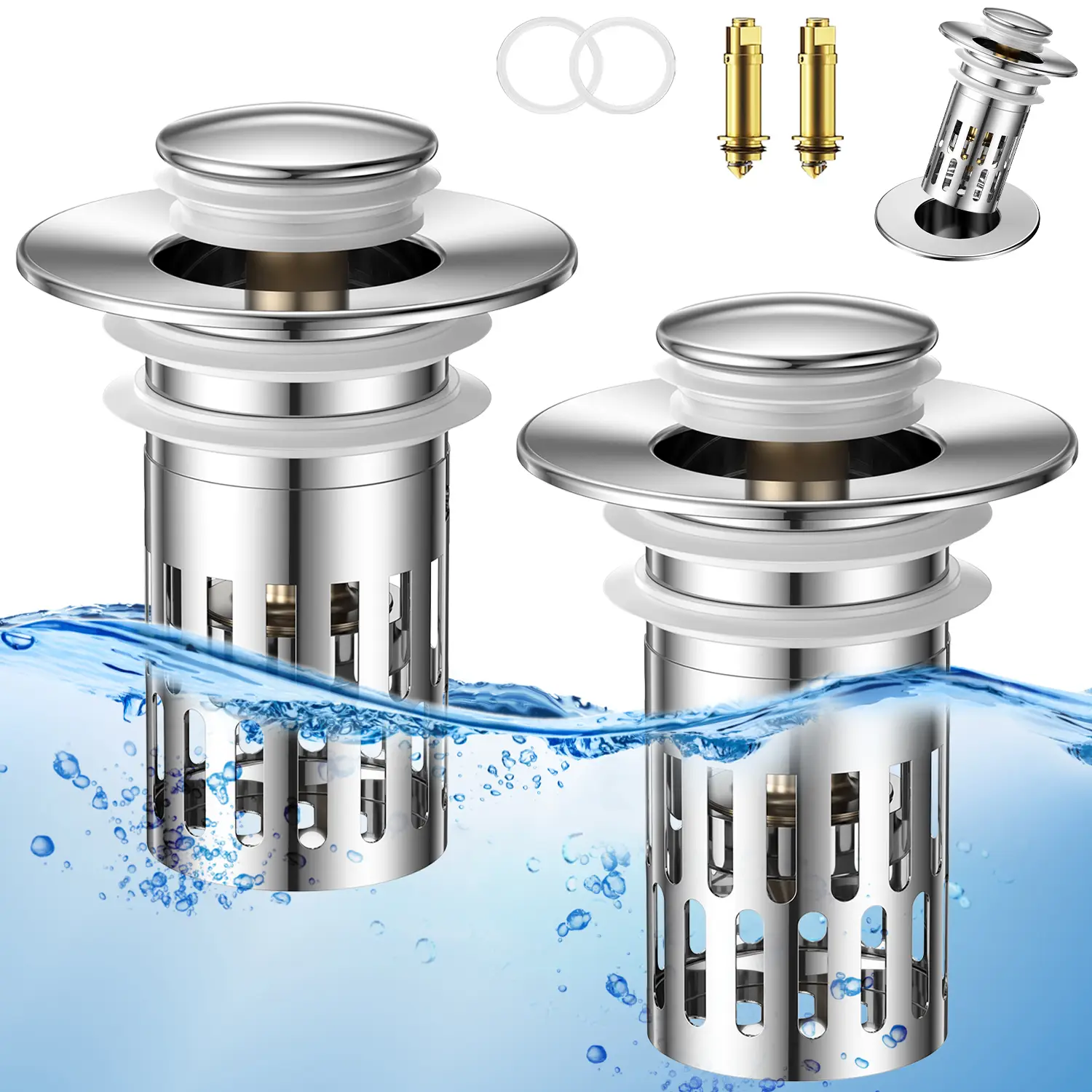 JOMST Bathroom Sink Universal Multi-Purpose Drain Strainer, Pop-Up with Removable Stainless Steel Strainer Basket Drain Hair Plug, Anti-Odor Plug