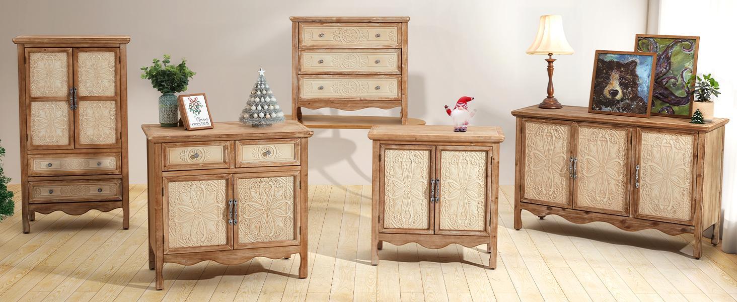 RoyalCraft L Sideboard Buffet Kitchen Storage Cabinet, Solid Wood Credenza Accent Cabinet, Cupboard Console Table with 2 Craved Decorated Doors for Dining Room, Living Room, Hallway (Natural)