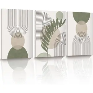 30x40CM Sage Green Boho Wall Art,Framed Canvas Bathroom Wall Art Pictures, Mid-Century Modern Wood Framed Abstract Prints for Bedroom,Minimalist Office Wall Decor 3Pack