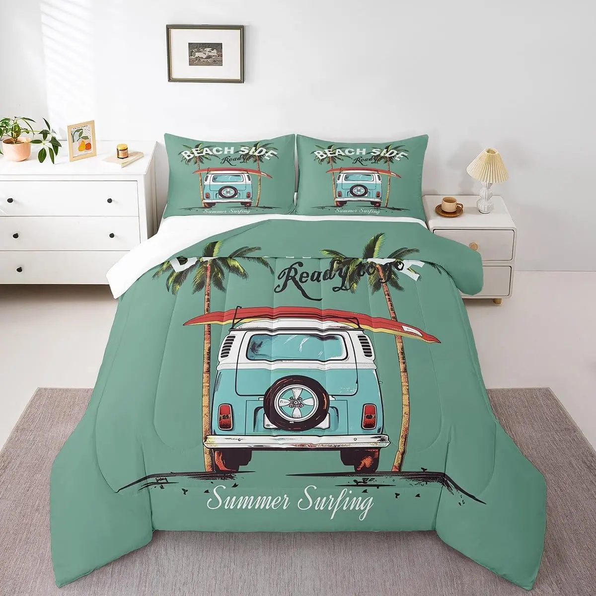 Feelyou Coastal Beach Surfer Microfiber Comforter Set - Comfy Decorative Bedding Set with Surfboard, Hawaiian Palm Tree & Ocean Sea Summer Theme, Comfy Bedding Set