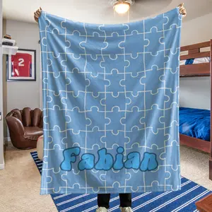Blue Puzzle Custom Name Blanket , Personalized Velveteen Plush Throw for Kids, Grandkids and Adults , Unique Gift for Boys & Girls