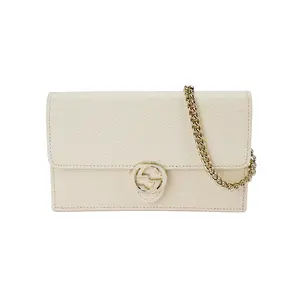 Gucci GG Logo Crocodile-Embossed Calfskin Crossbody Bag for Women, Envelope Style with Chain Strap, Small Size, White